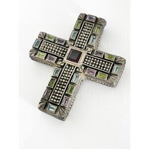 VTG Barse 2000 Sterling Silver Cross Pendant Multi Gemstone Chunky 68g